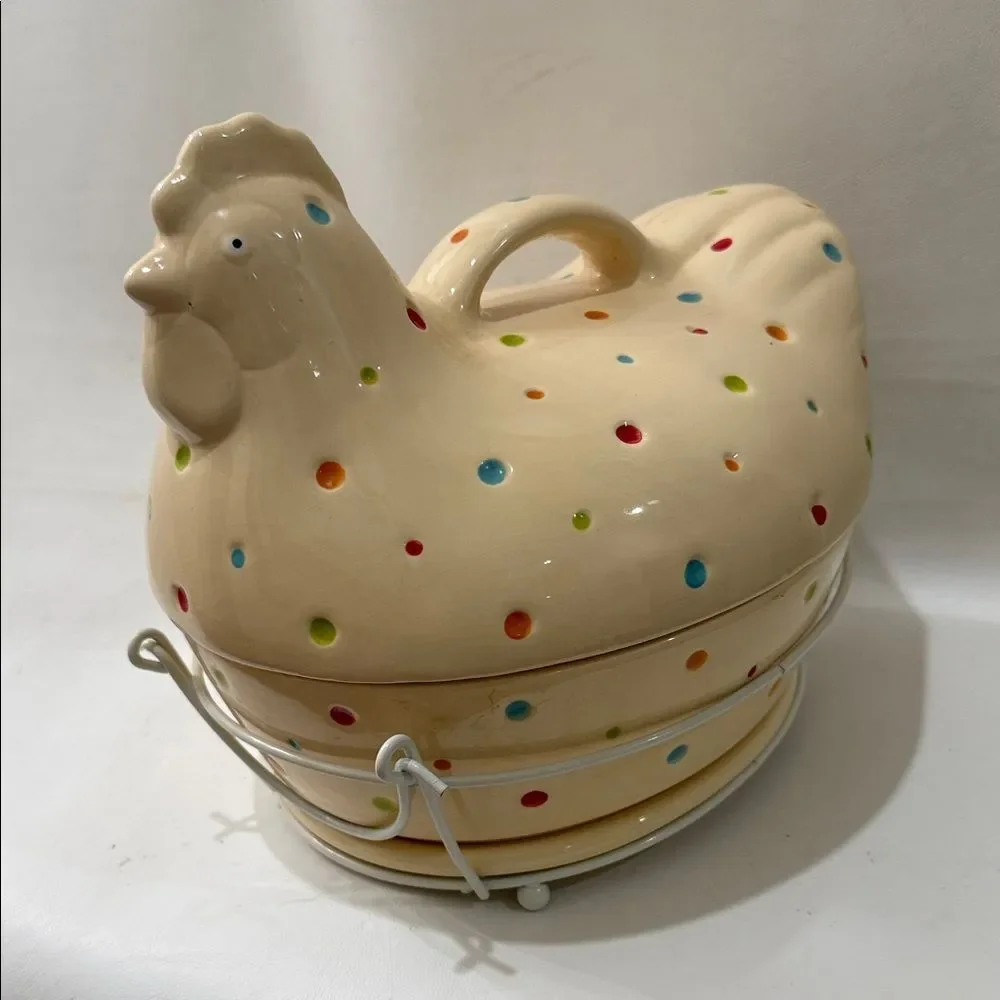 Temptations Tara 2 Qt Oven Ware Dish Polka Dot Cream Ceramic Chicken 4 Pieces